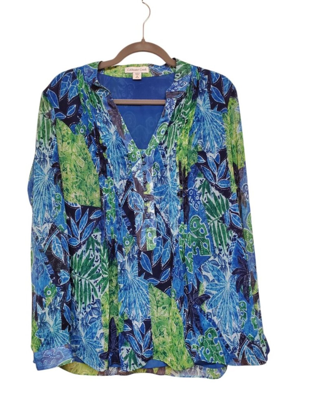 Coldwater Creek Womens Blue Green Tropical 1/4 Button Pintucked Semi Sheer Top M
